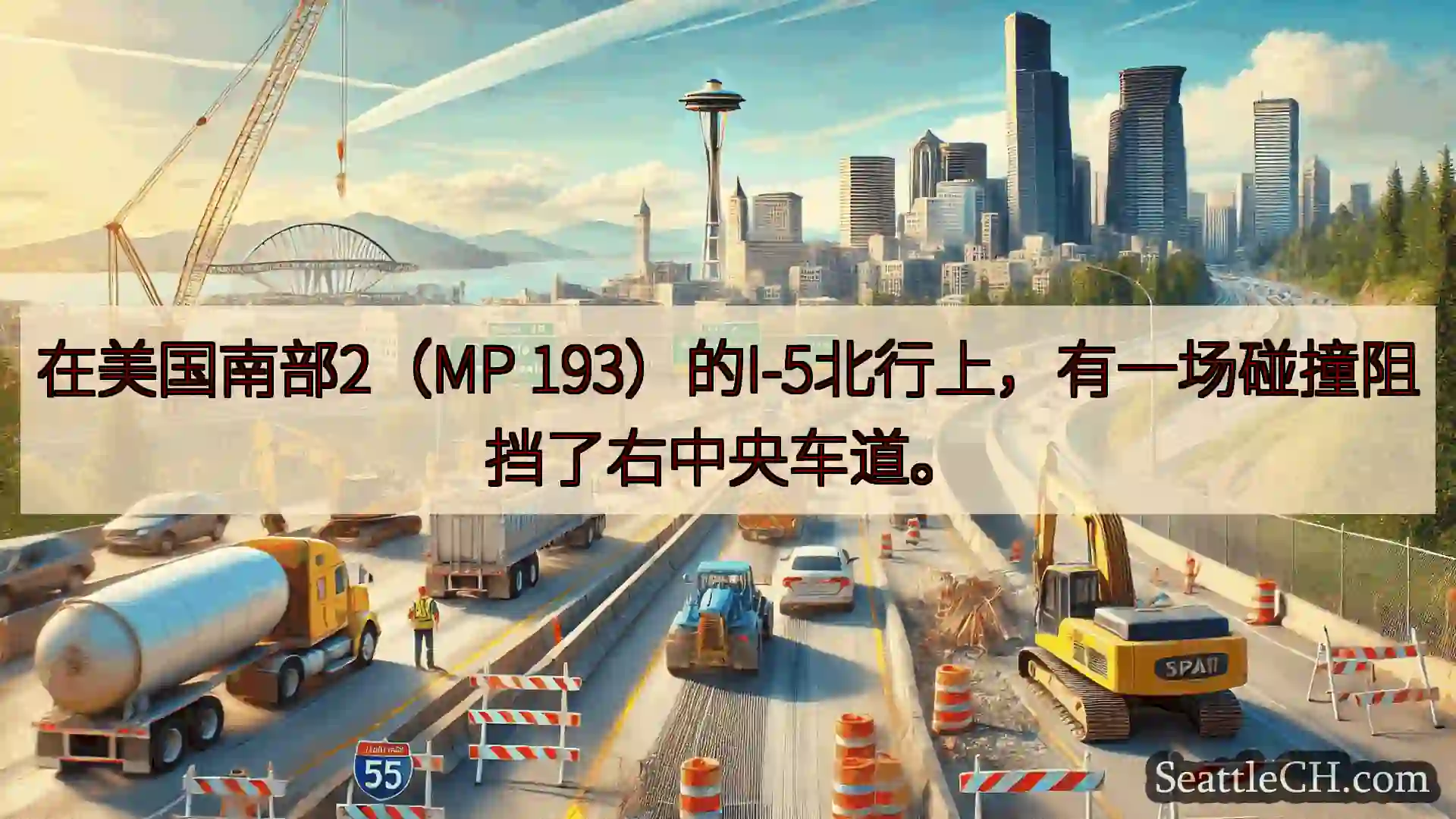 在美国南部2（MP 193）的I-5北行上，有一场碰撞阻挡了右中央车道。