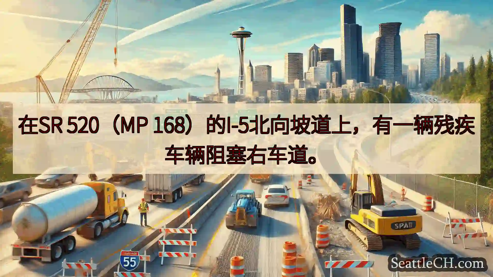 在SR 520（MP 168）的I-5北向坡道上，有一辆残疾车辆阻塞右车道。