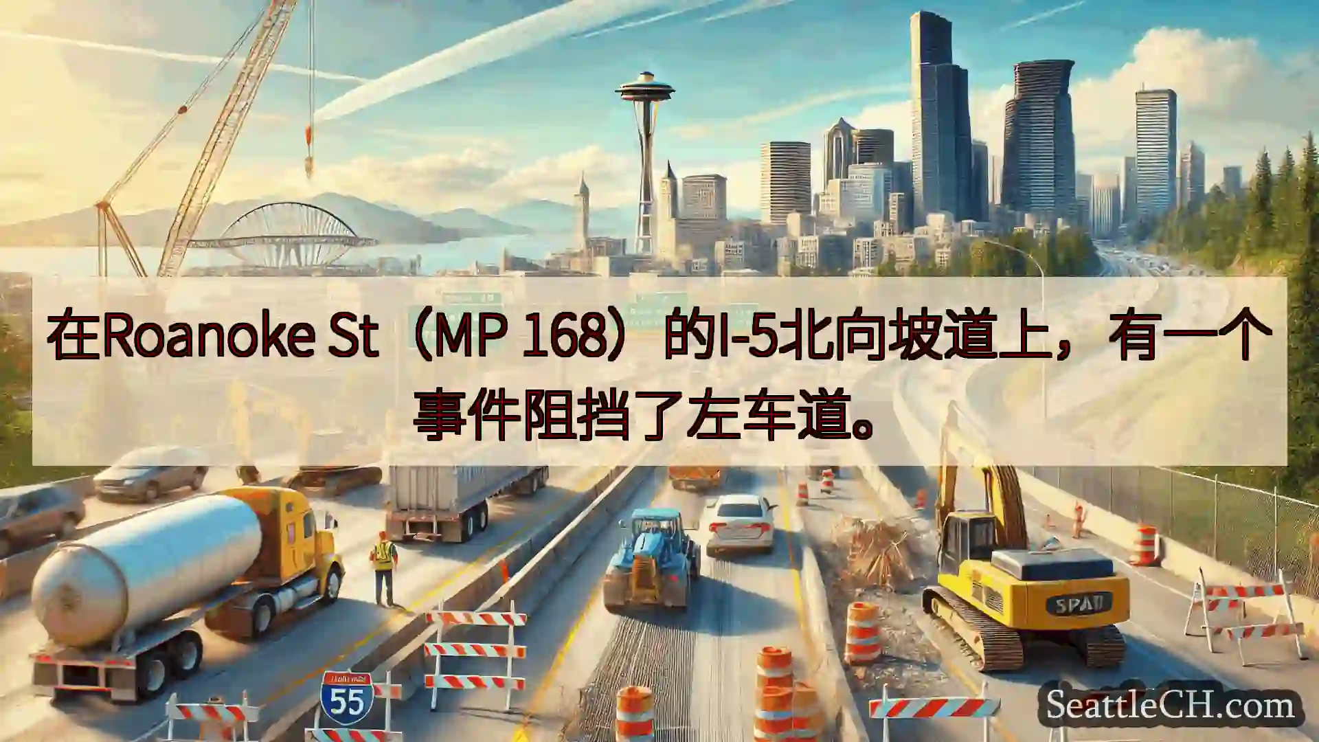 在Roanoke St（MP 168）的I-5北向坡道上，有一个事件阻挡了左车道。