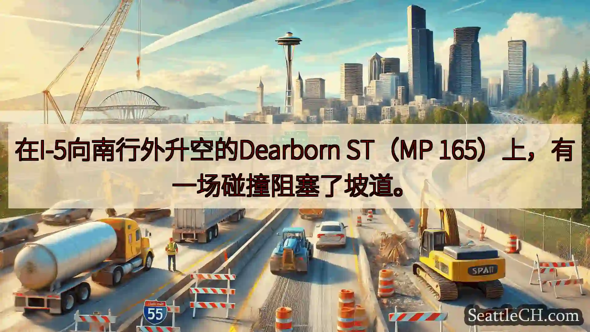 在I-5向南行外升空的Dearborn ST（MP 165）上，有一场碰撞阻塞了坡道。