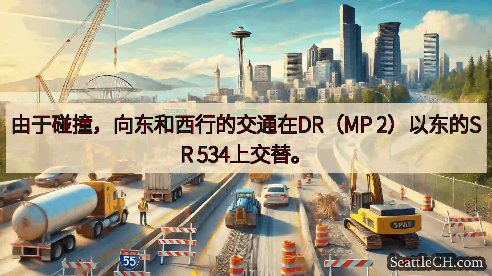 由于碰撞，向东和西行的交通在DR（MP 2）以东的SR 534上交替。