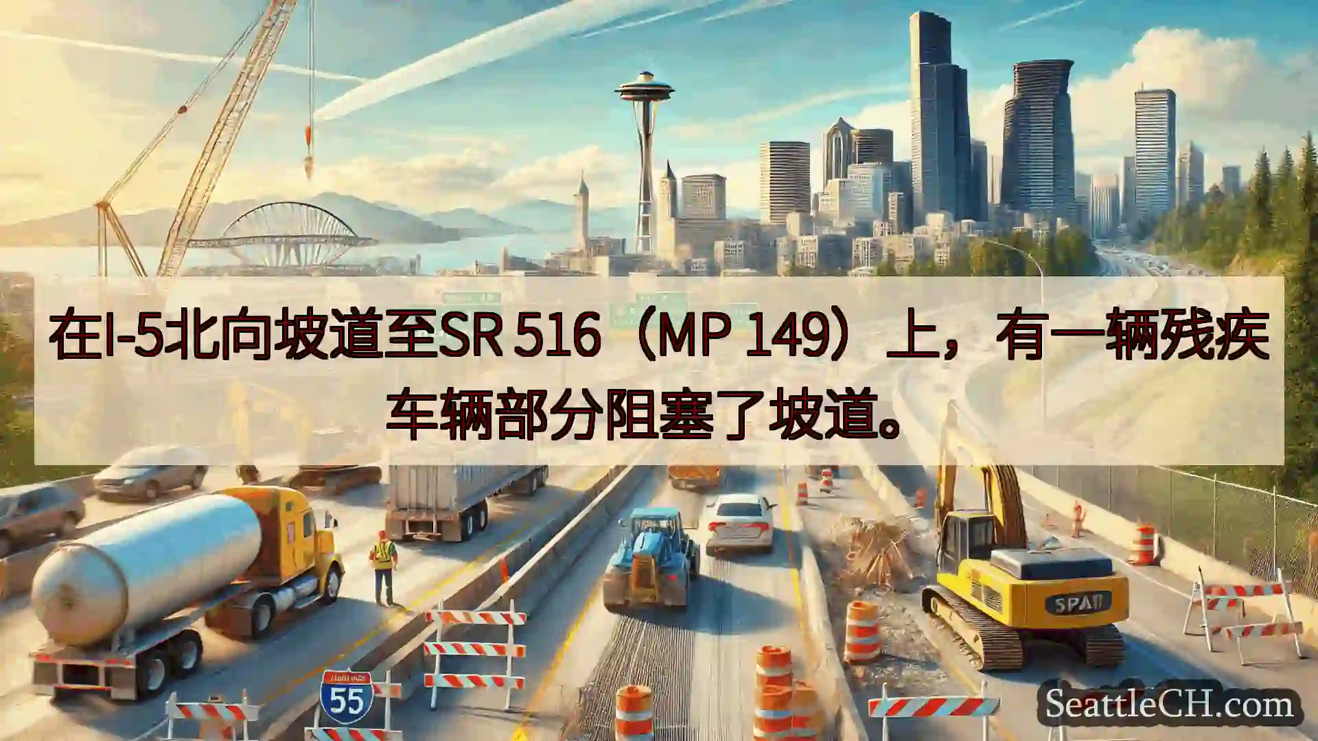 在I-5北向坡道至SR 516（MP 149）上，有一辆残疾车辆部分阻塞了坡道。