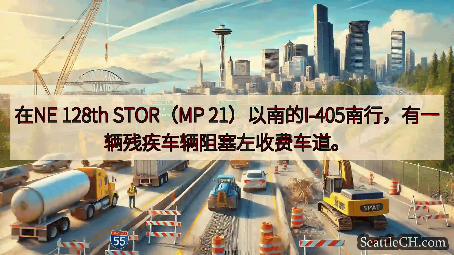 在NE 128th STOR（MP 21）以南的I-405南行，有一辆残疾车辆阻塞左收费车道。
