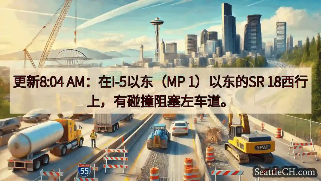 更新8:04 AM：在I-5以东（MP 1）以东的SR 18西行上，有碰撞阻塞左车道。
