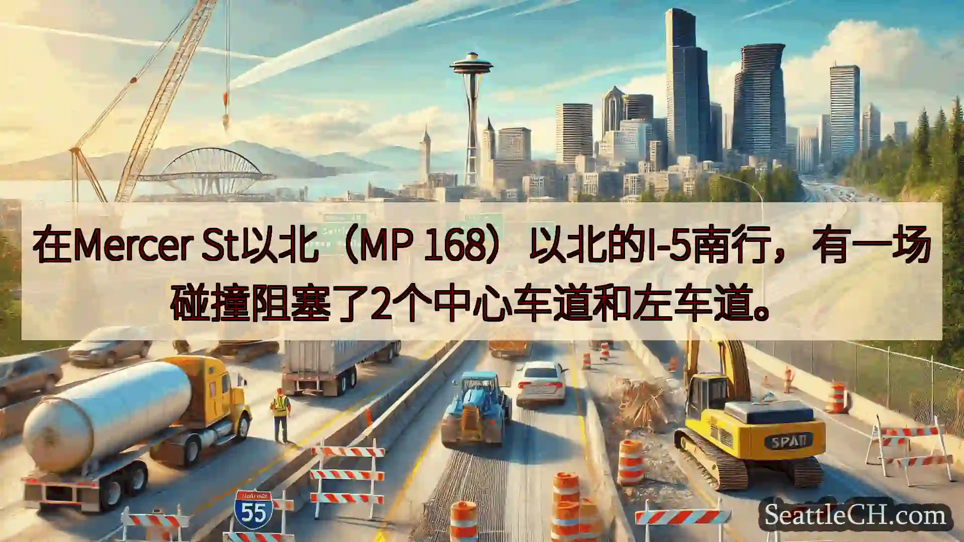 在Mercer St以北（MP 168）以北的I-5南行，有一场碰撞阻塞了2个中心车道和左车道。