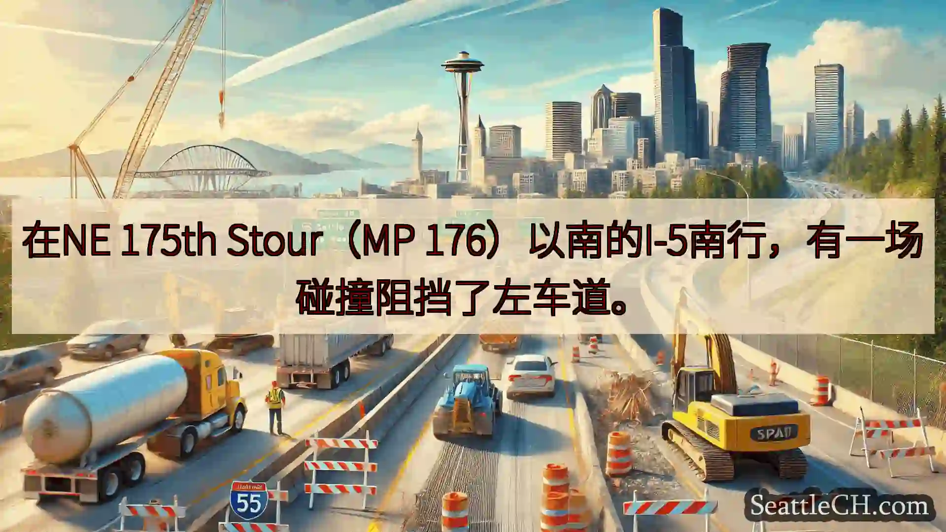 在NE 175th Stour（MP 176）以南的I-5南行，有一场碰撞阻挡了左车道。