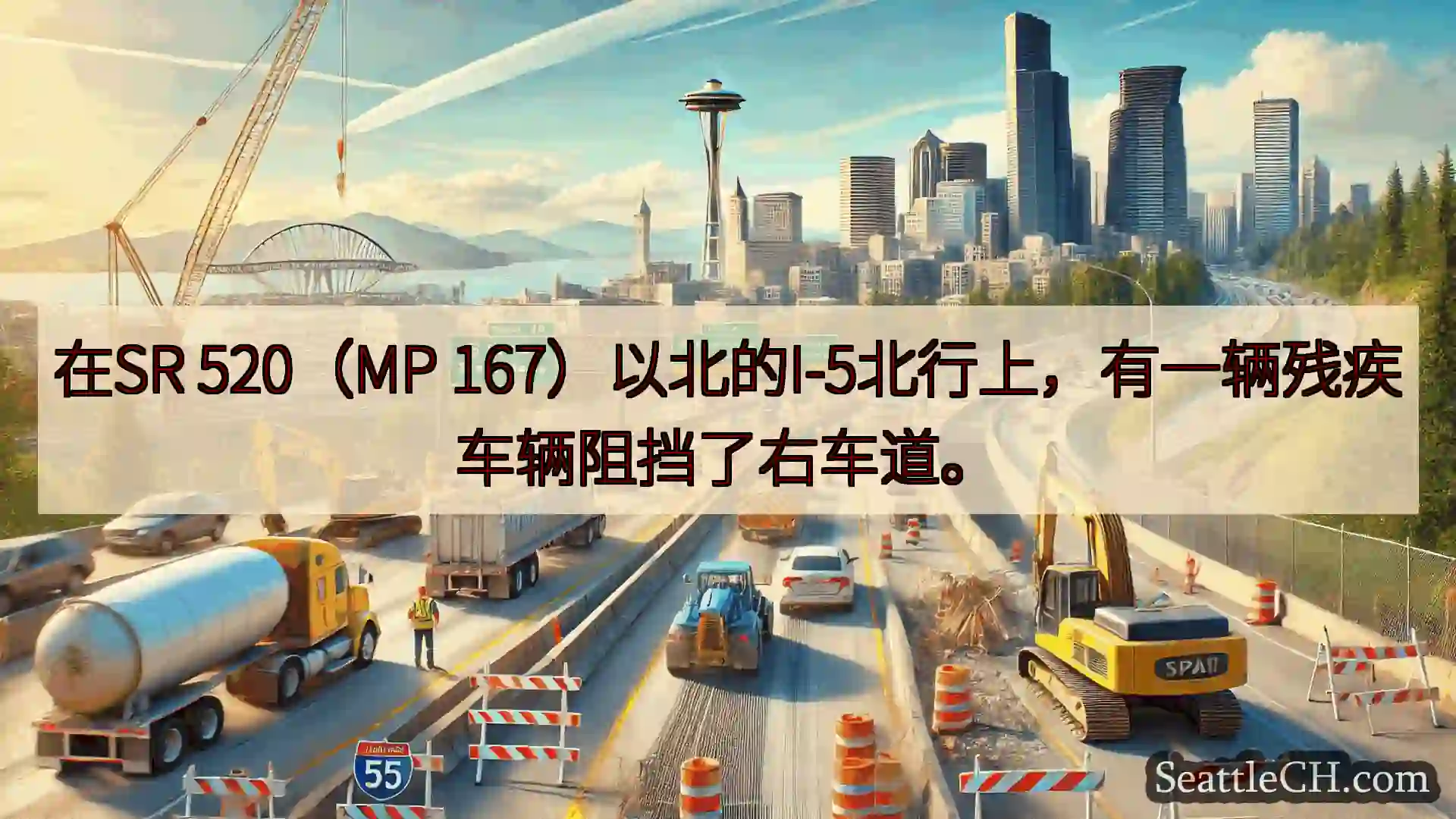 在SR 520（MP 167）以北的I-5北行上，有一辆残疾车辆阻挡了右车道。