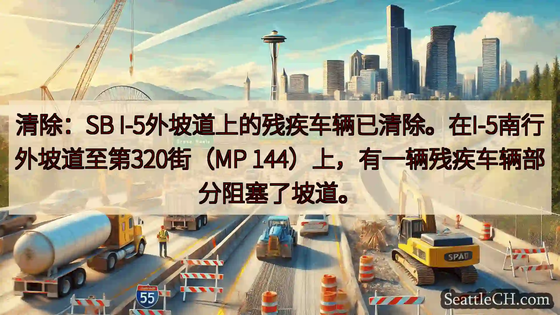 清除：SB I-5外坡道上的残疾车辆已清除。在I-5南行外坡道至第320街（MP