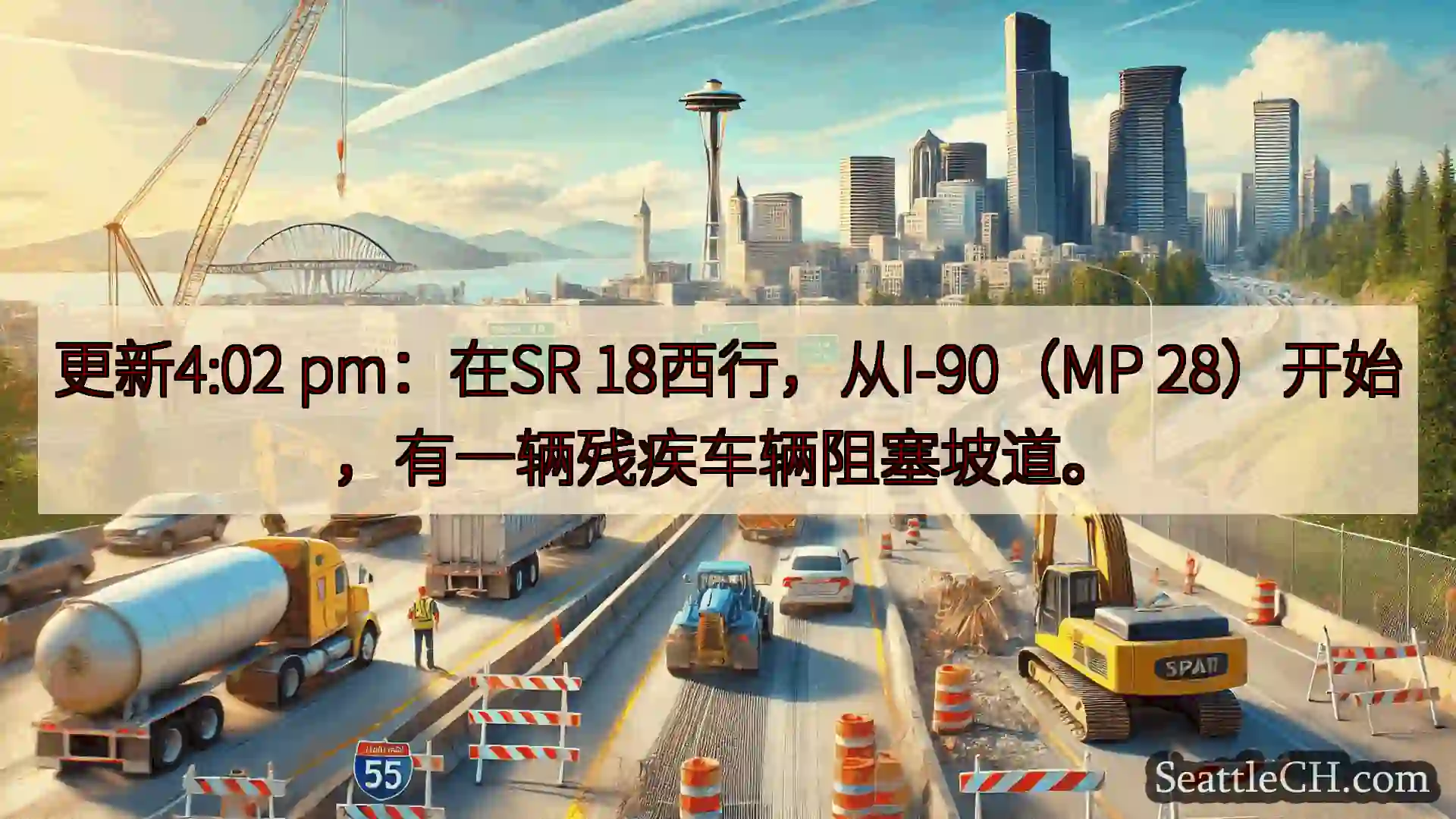 更新4:02 pm：在SR 18西行，从I-90（MP 28）开始，有一辆残疾车辆阻塞坡道。