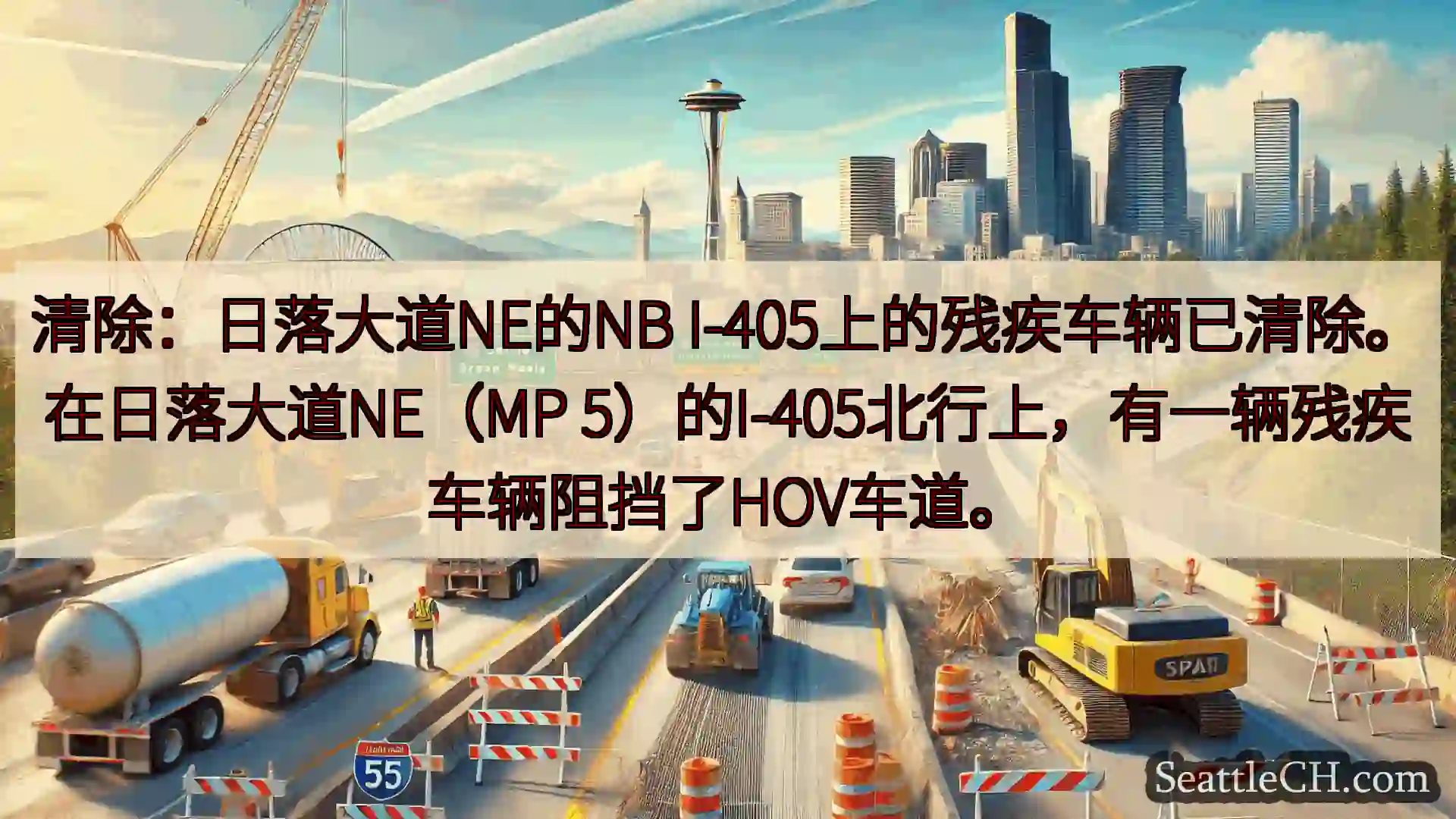 清除：日落大道NE的NB I-405上的残疾车辆已清除。在日落大道NE（MP