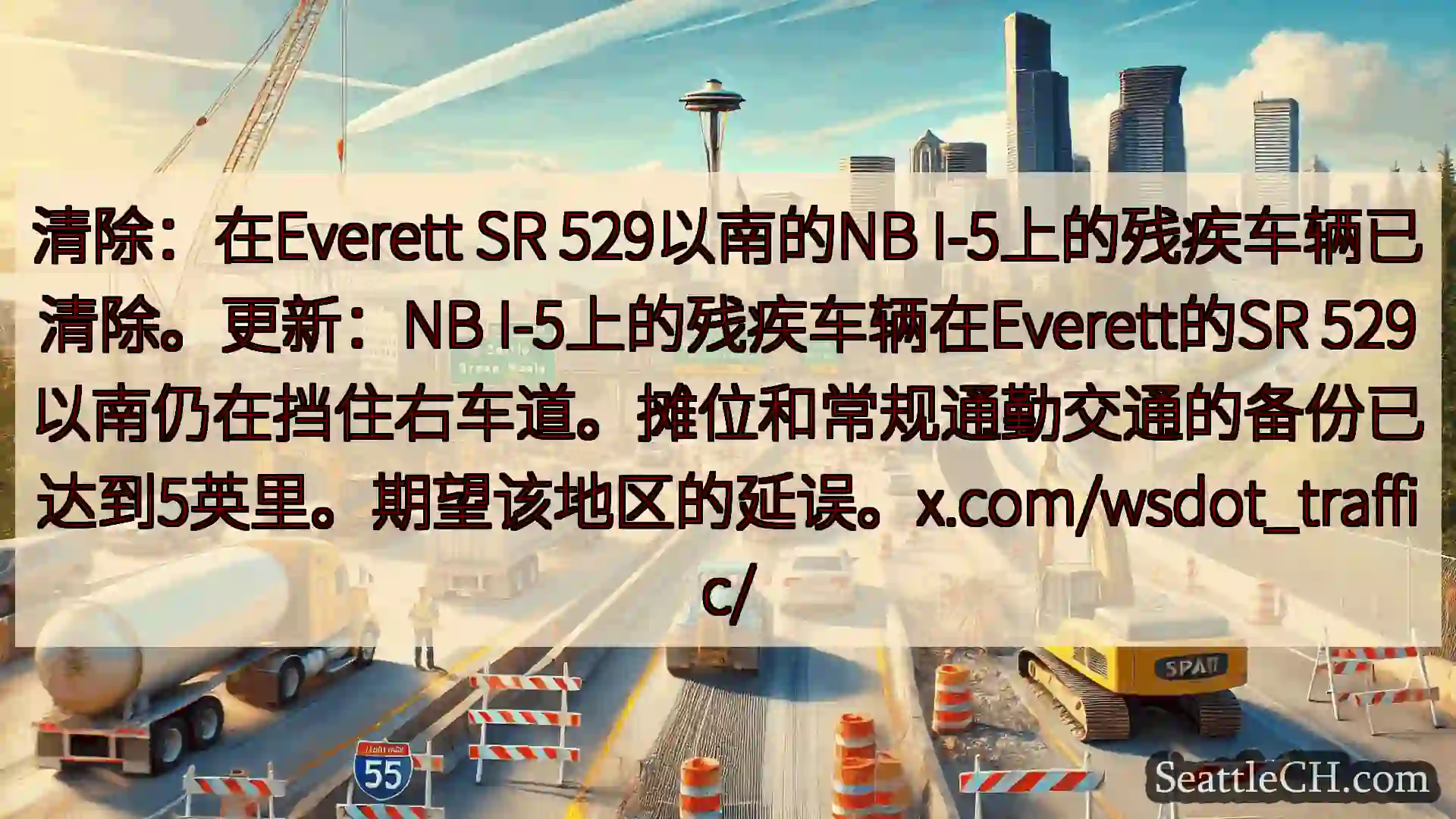 清除：在Everett SR 529以南的NB I-5上的残疾车辆已清除。更新：NB