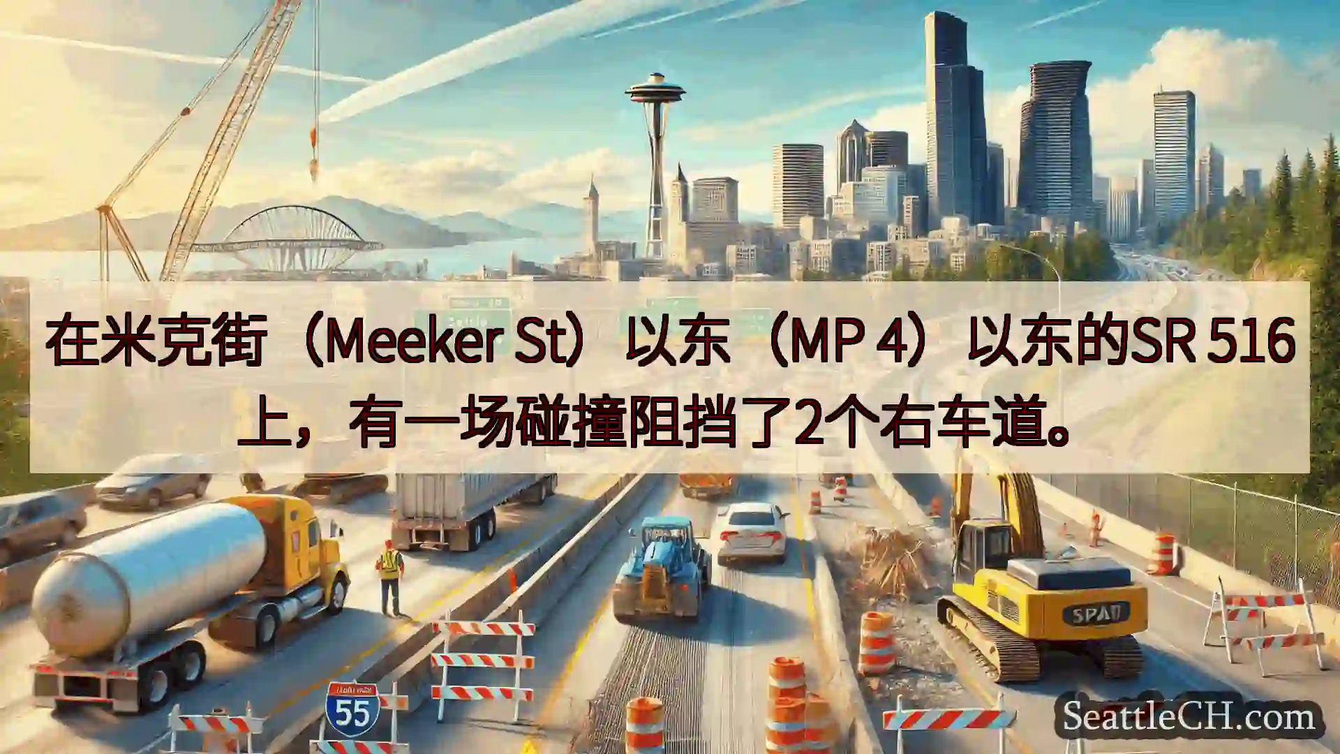 在米克街（Meeker St）以东（MP 4）以东的SR 516上，有一场碰撞阻挡了2个右车道。