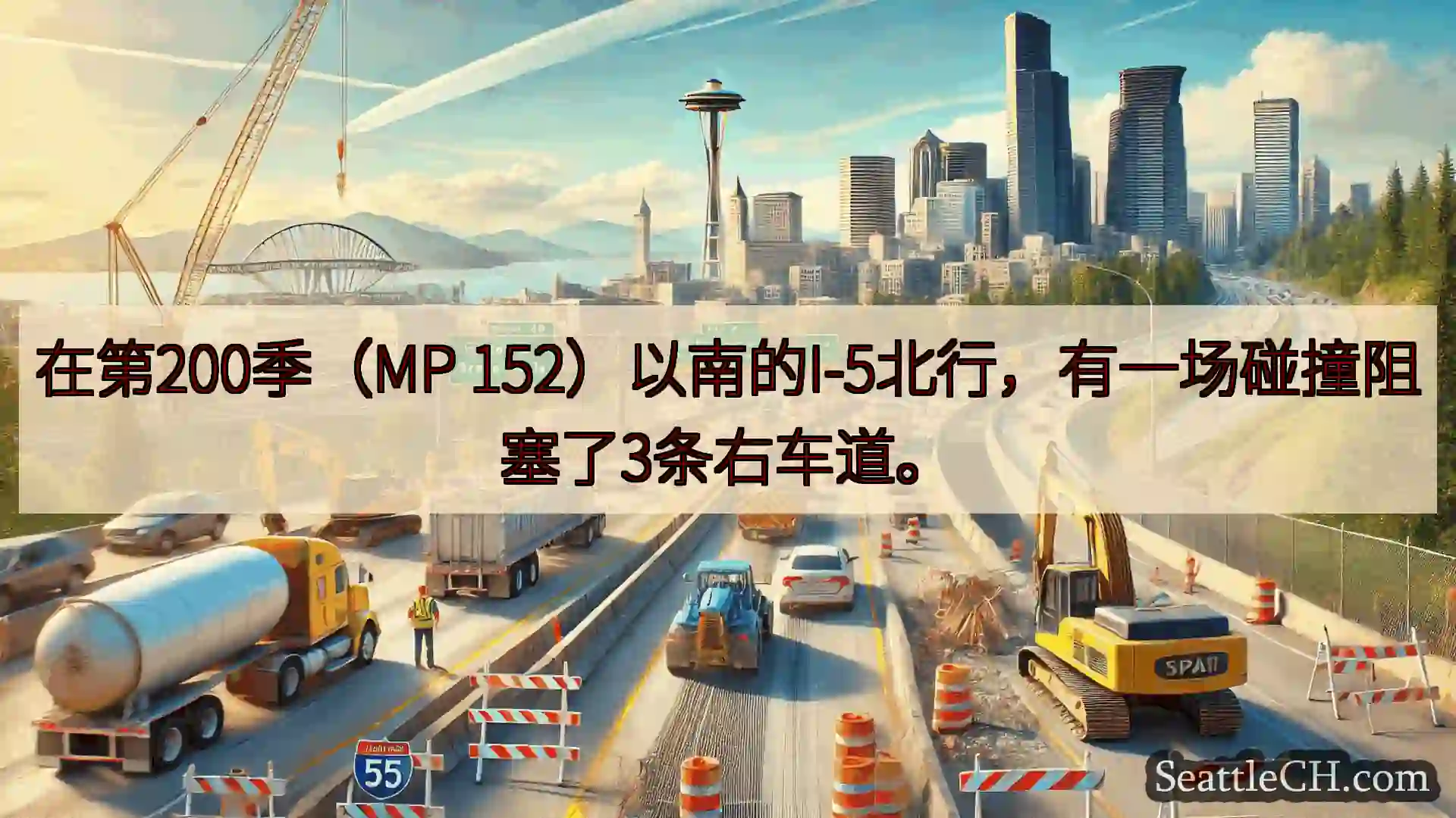 在第200季（MP 152）以南的I-5北行，有一场碰撞阻塞了3条右车道。