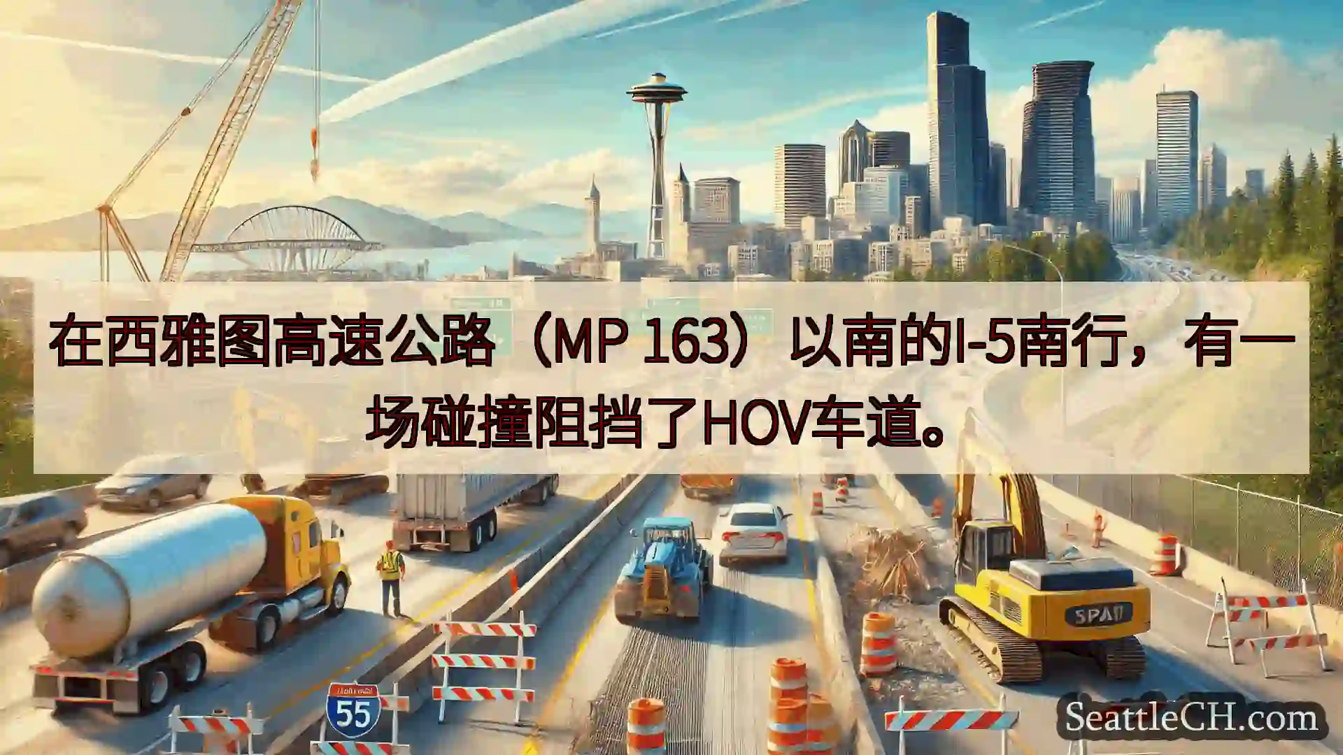 在西雅图高速公路（MP 163）以南的I-5南行，有一场碰撞阻挡了HOV车道。