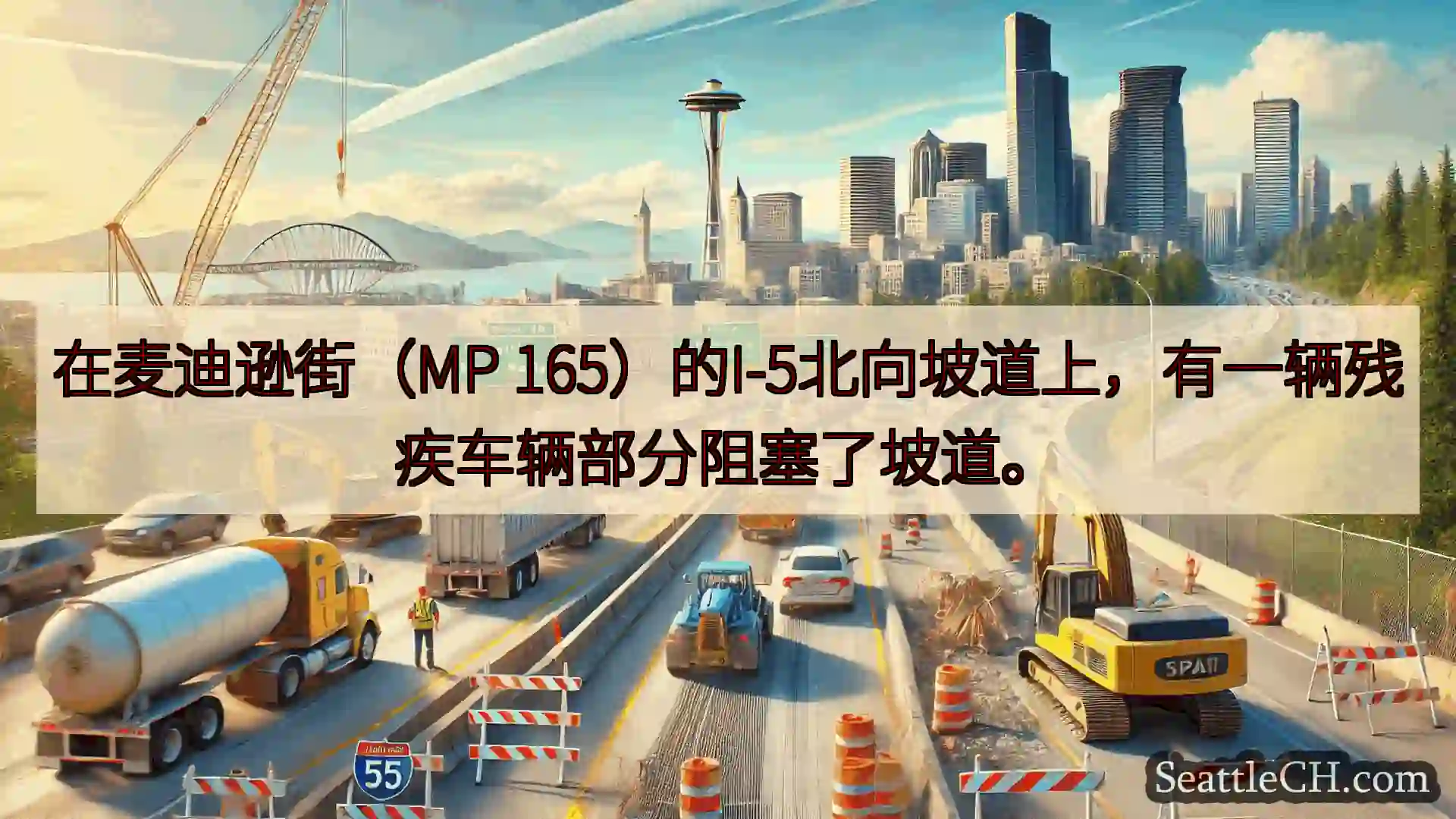 在麦迪逊街（MP 165）的I-5北向坡道上，有一辆残疾车辆部分阻塞了坡道。