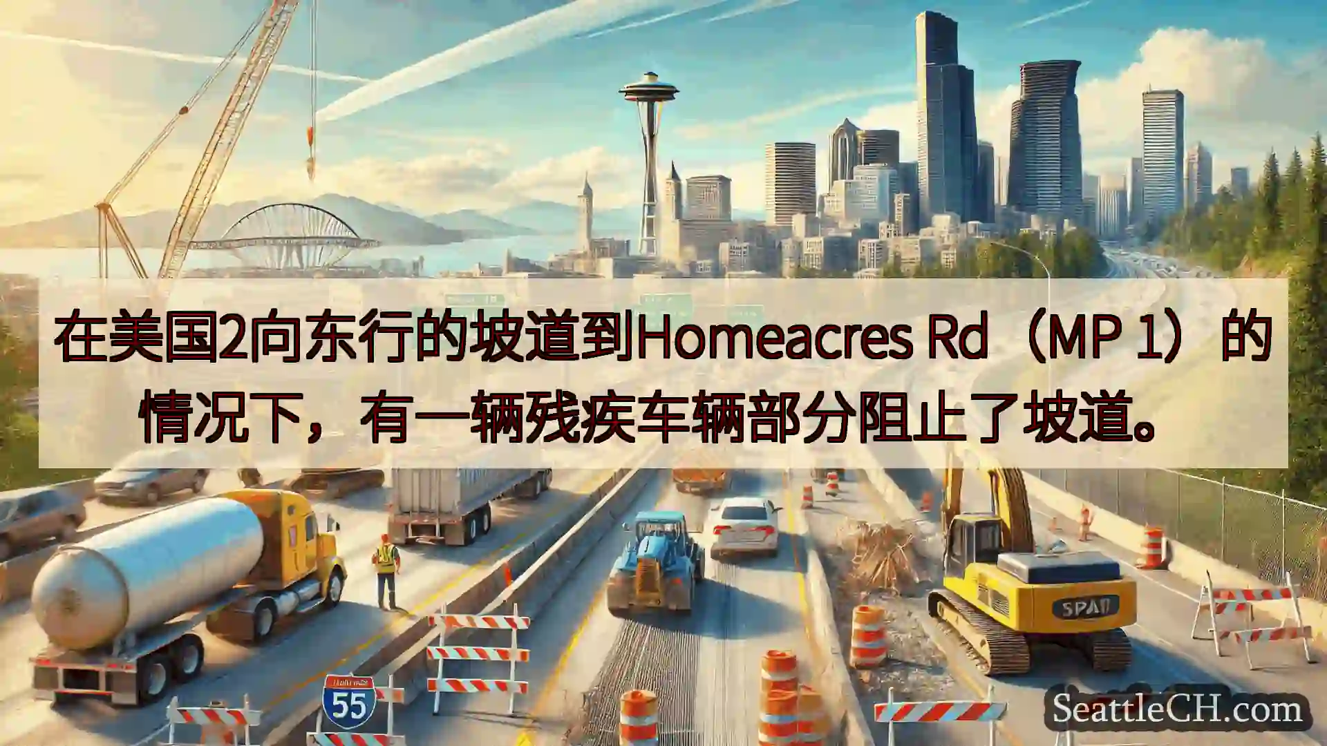 在美国2向东行的坡道到Homeacres Rd（MP 1）的情况下，有一辆残疾车辆部分阻止了坡道。