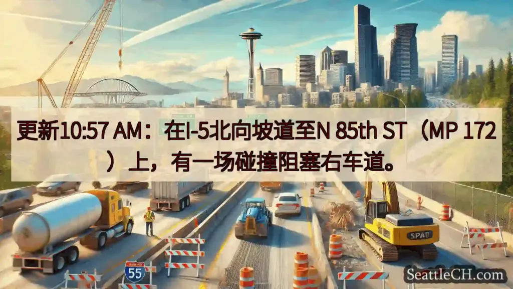 更新10:57 AM：在I-5北向坡道至N 85th ST（MP 172）上，有一场碰撞阻塞右车道。