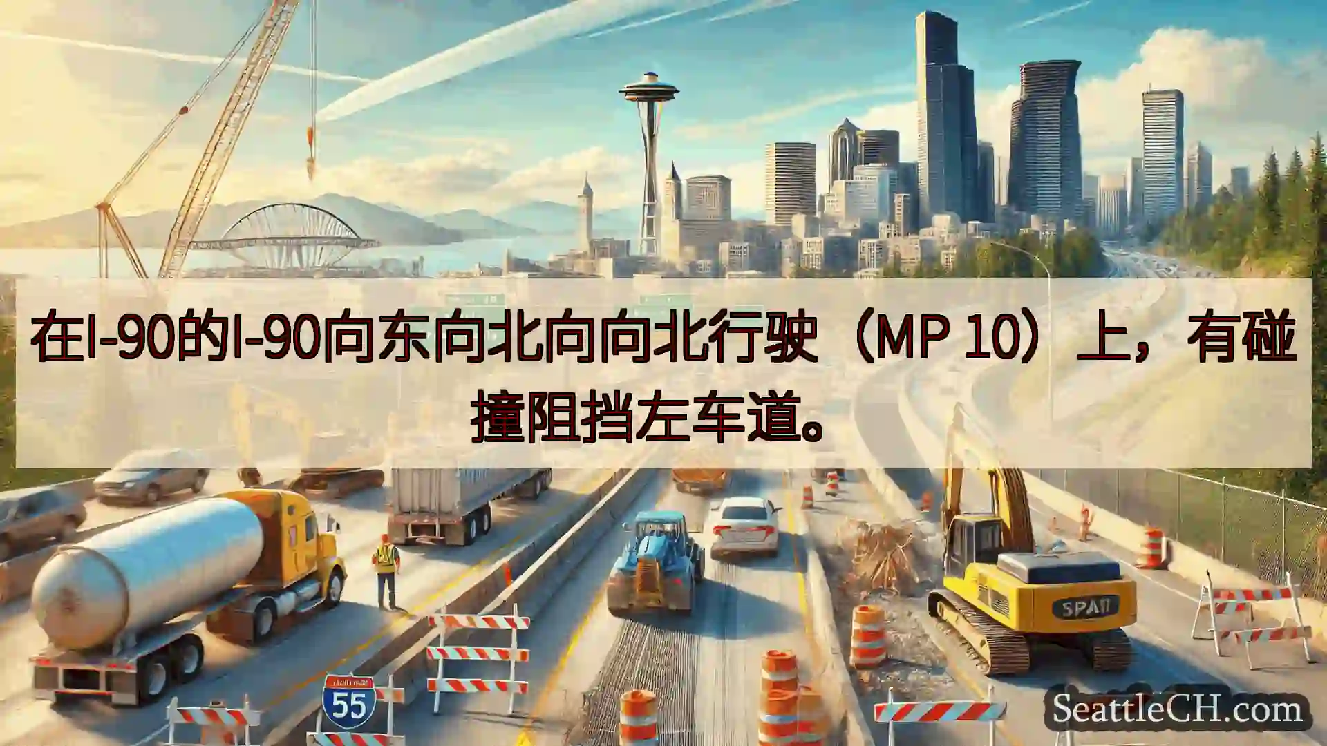 在I-90的I-90向东向北向向北行驶（MP 10）上，有碰撞阻挡左车道。