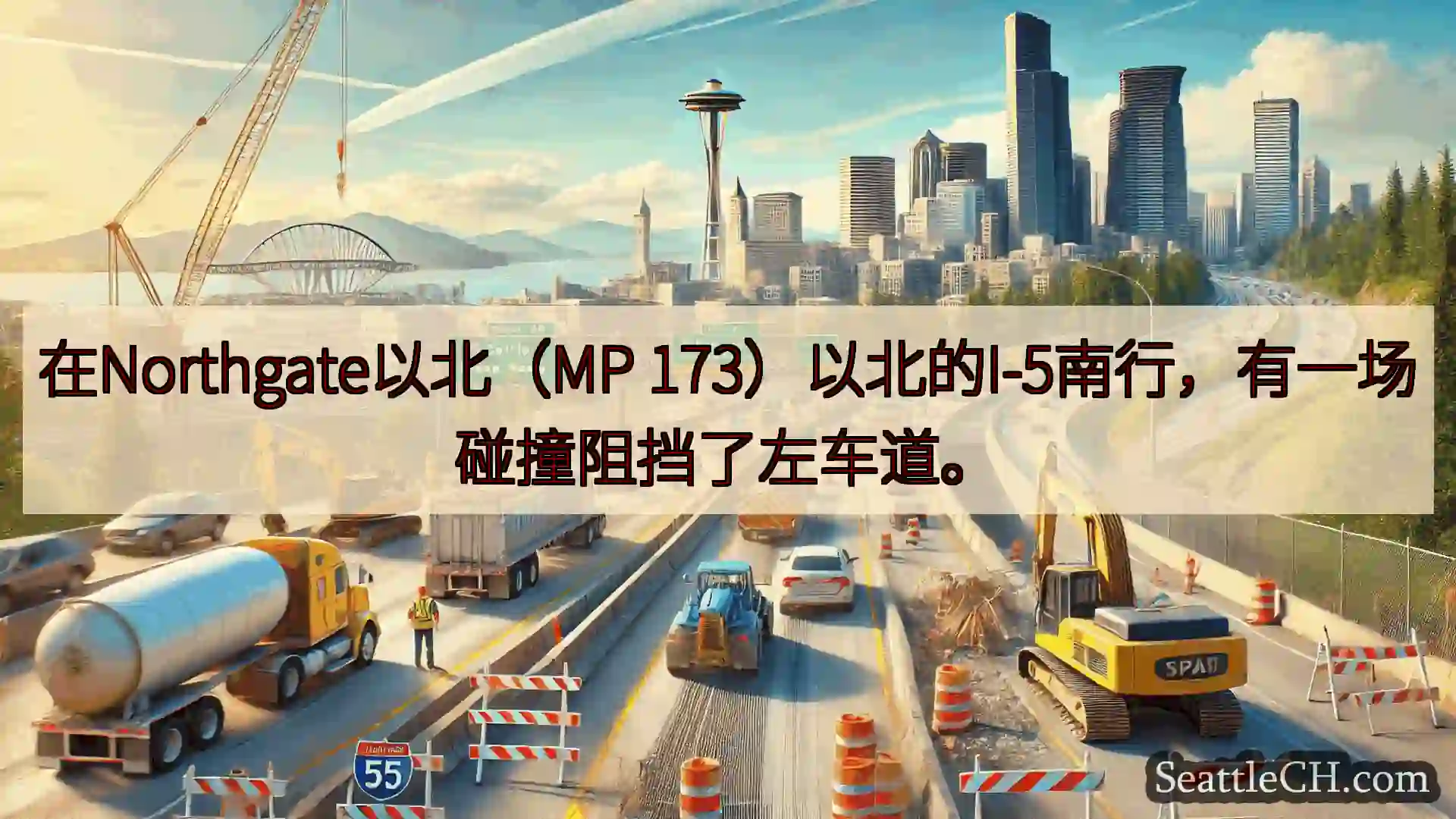 在Northgate以北（MP 173）以北的I-5南行，有一场碰撞阻挡了左车道。