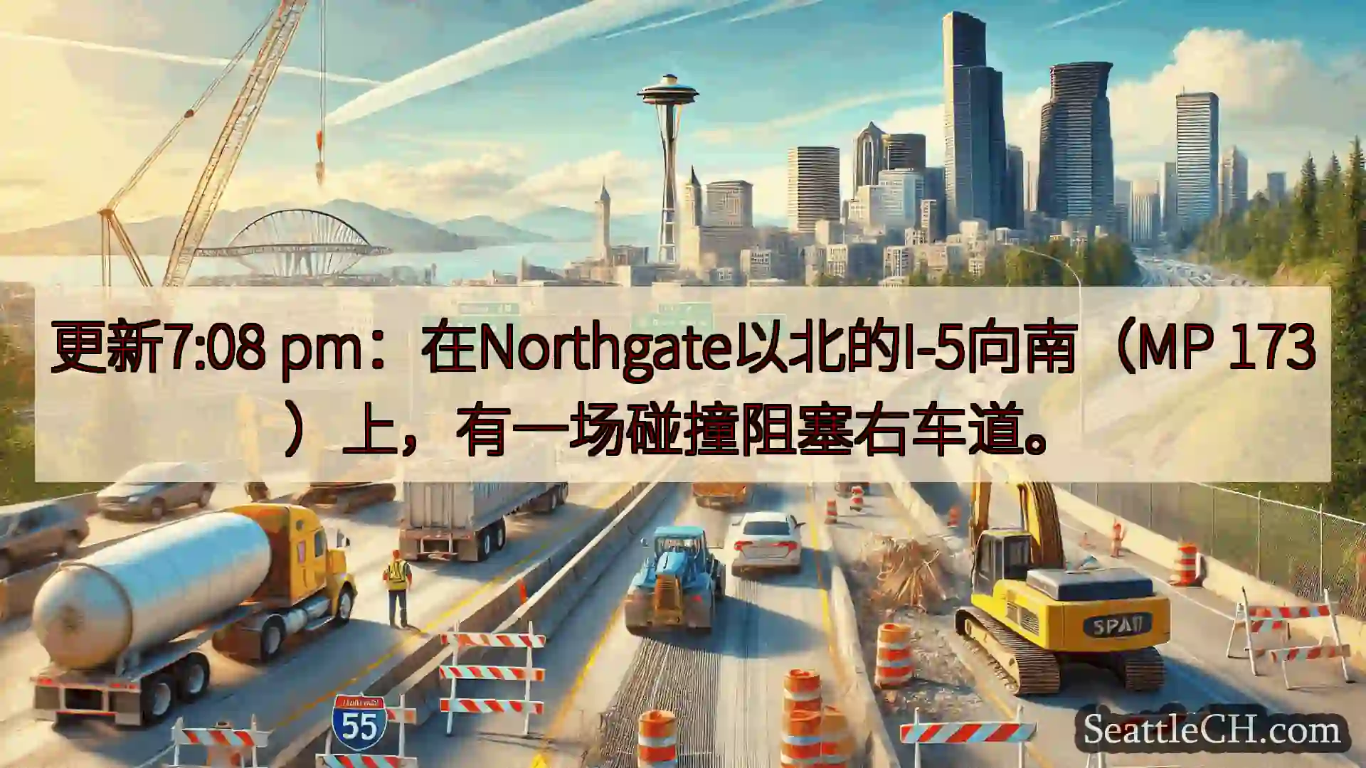 更新7:08 pm：在Northgate以北的I-5向南（MP 173）上，有一场碰撞阻塞右车道。