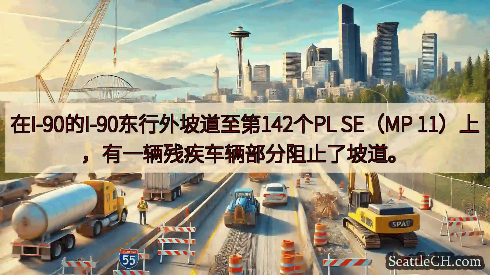 在I-90的I-90东行外坡道至第142个PL SE（MP 11）上，有一辆残疾车辆部分阻止了坡道。