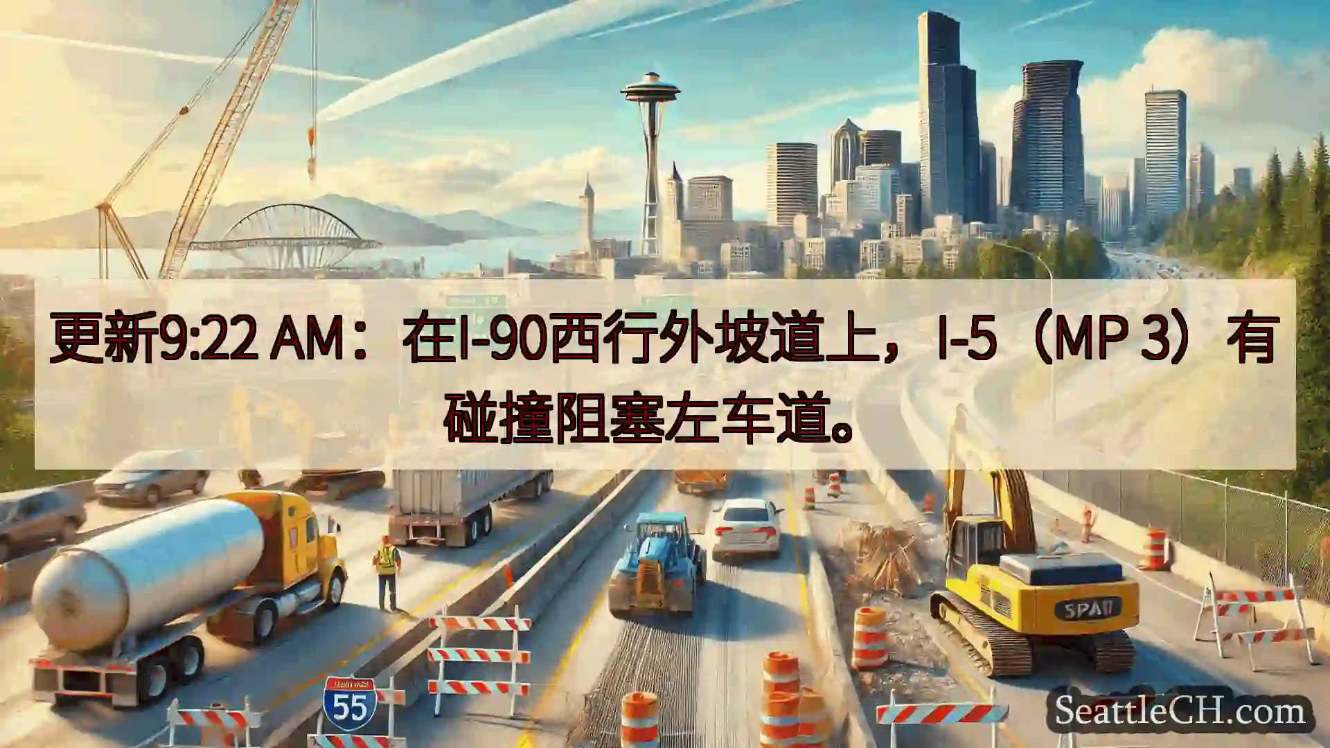 更新9:22 AM：在I-90西行外坡道上，I-5（MP 3）有碰撞阻塞左车道。