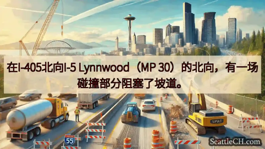 在I-405北向I-5 Lynnwood（MP 30）的北向，有一场碰撞部分阻塞了坡道。