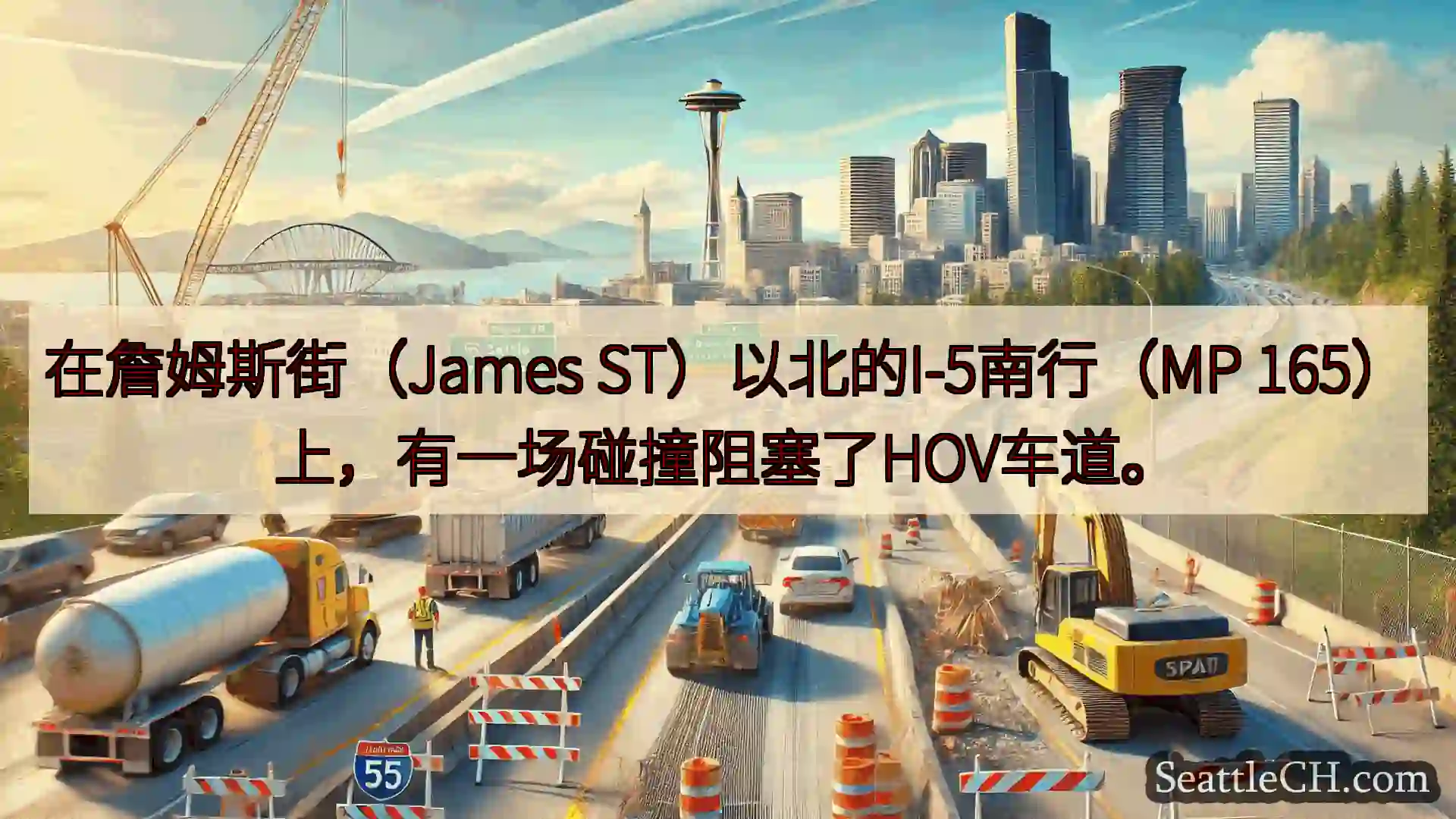 在詹姆斯街（James ST）以北的I-5南行（MP 165）上，有一场碰撞阻塞了HOV车道。