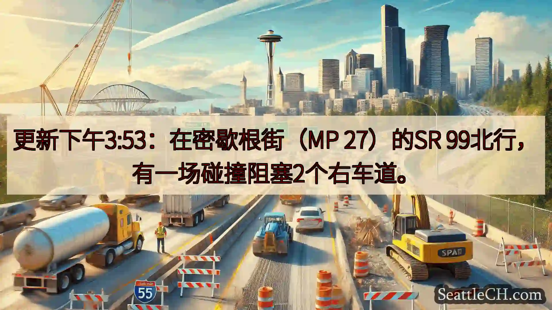 更新下午3:53：在密歇根街（MP 27）的SR 99北行，有一场碰撞阻塞2个右车道。