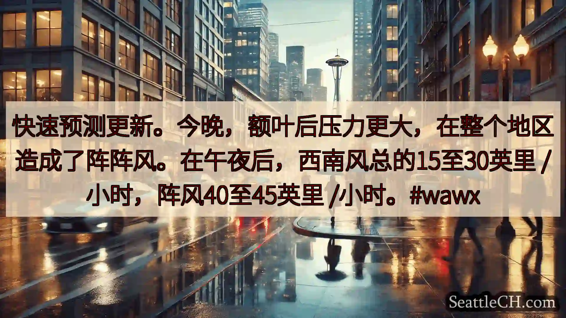 快速预测更新。今晚，额叶后压力更大，在整个地区造成了阵阵风。在午夜后，西南风总的15至30英里