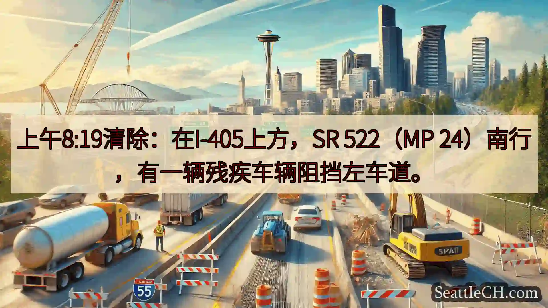 上午8:19清除：在I-405上方，SR 522（MP 24）南行，有一辆残疾车辆阻挡左车道。