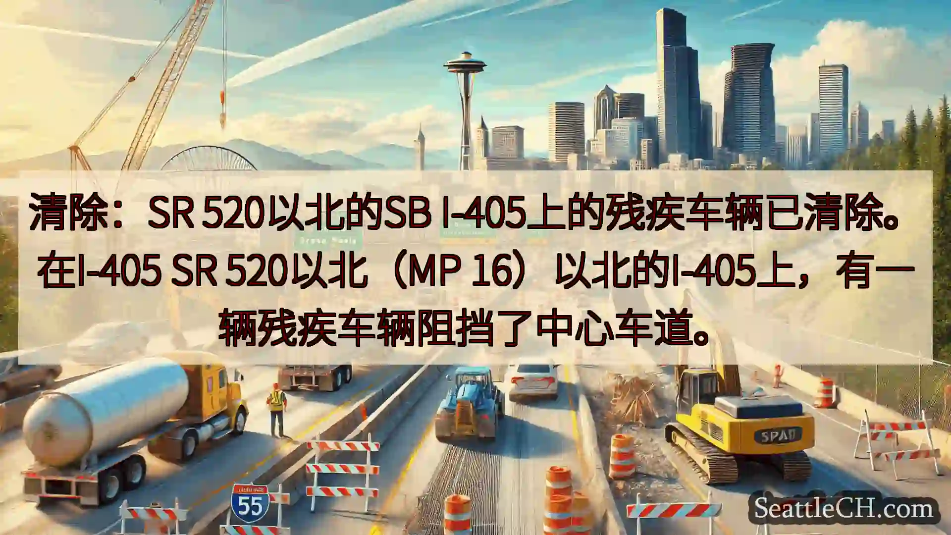 清除：SR 520以北的SB I-405上的残疾车辆已清除。在I-405 SR 520以北（MP