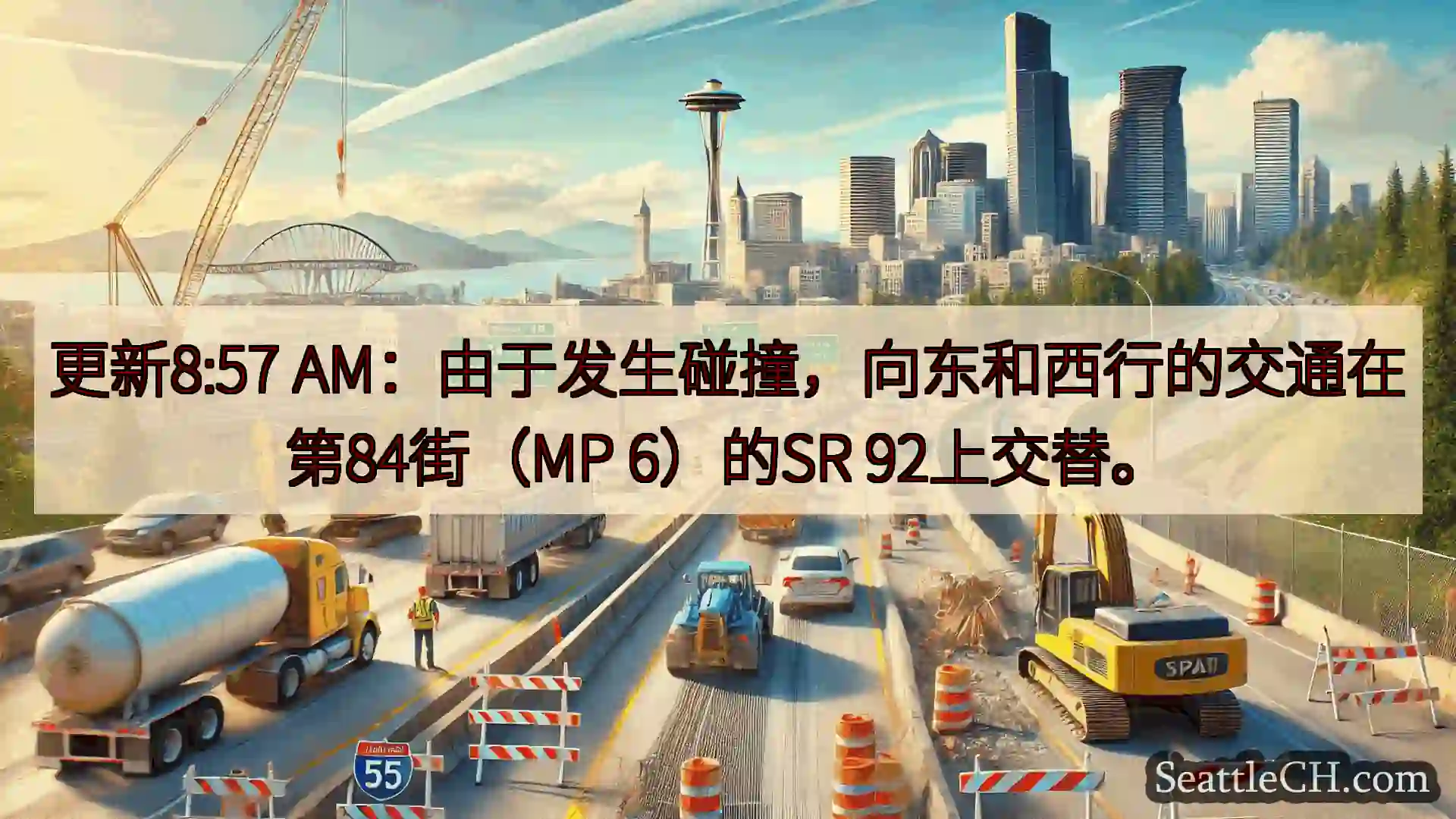 更新8:57 AM：由于发生碰撞，向东和西行的交通在第84街（MP 6）的SR 92上交替。