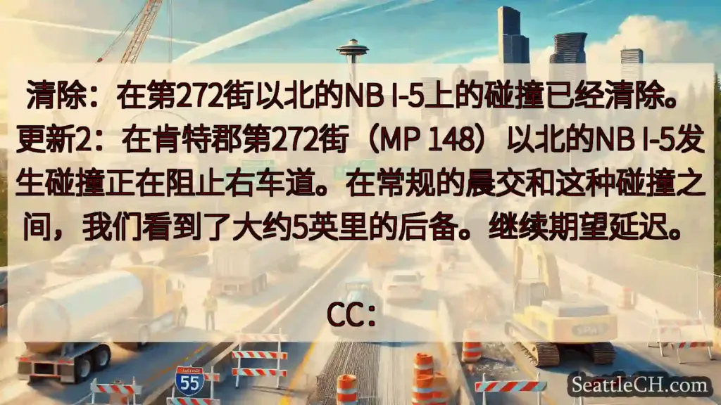 清除：在第272街以北的NB I-5上的碰撞已经清除。更新2：在肯特郡第272街（MP