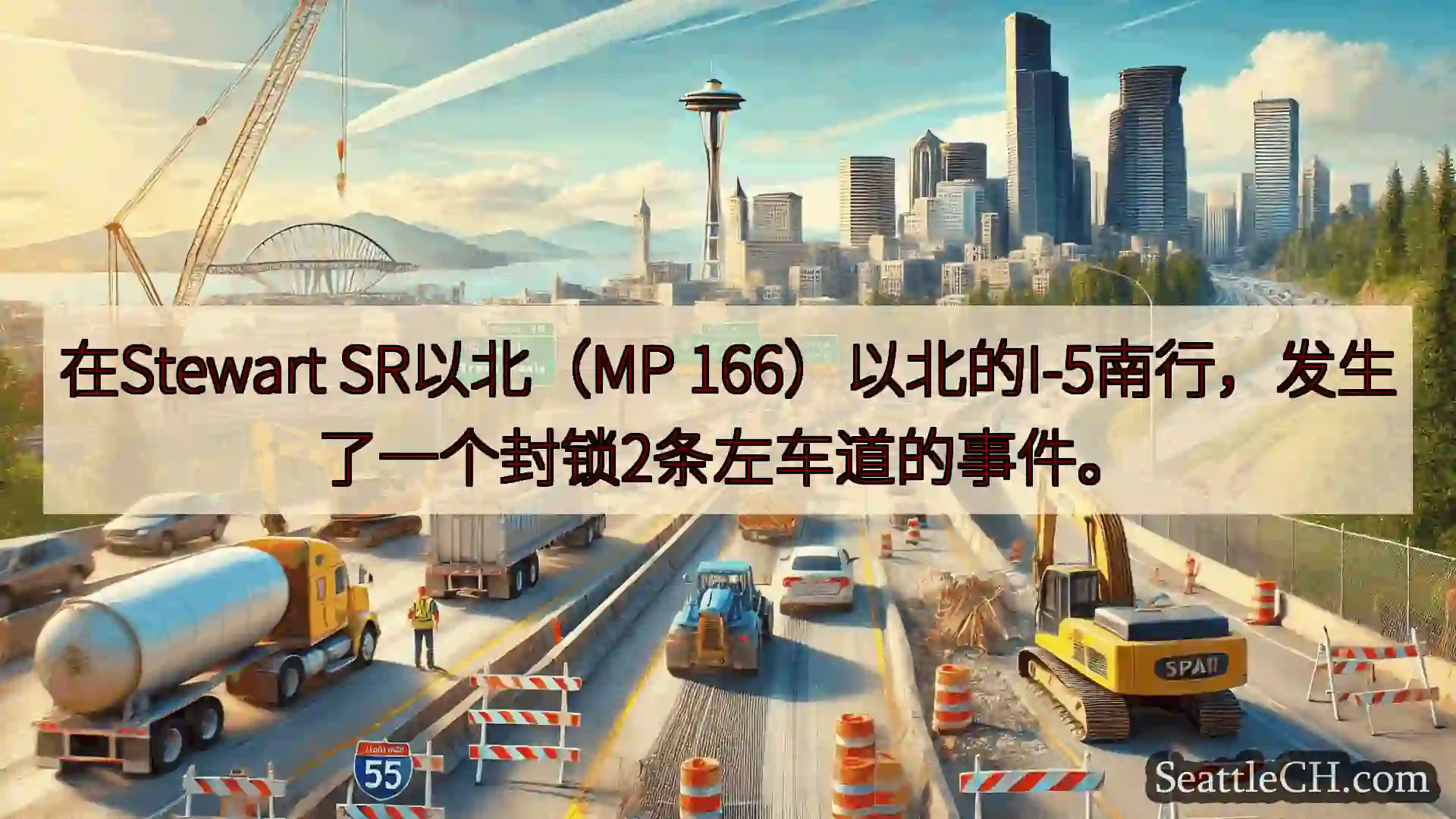 在Stewart SR以北（MP 166）以北的I-5南行，发生了一个封锁2条左车道的事件。