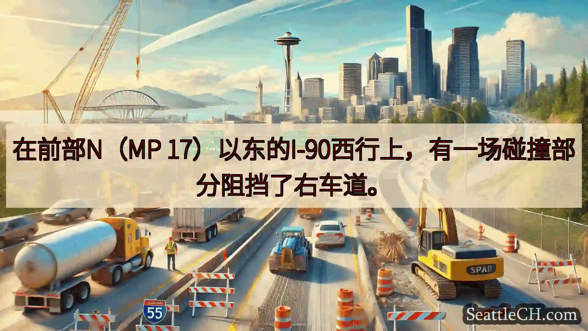 在前部N（MP 17）以东的I-90西行上，有一场碰撞部分阻挡了右车道。