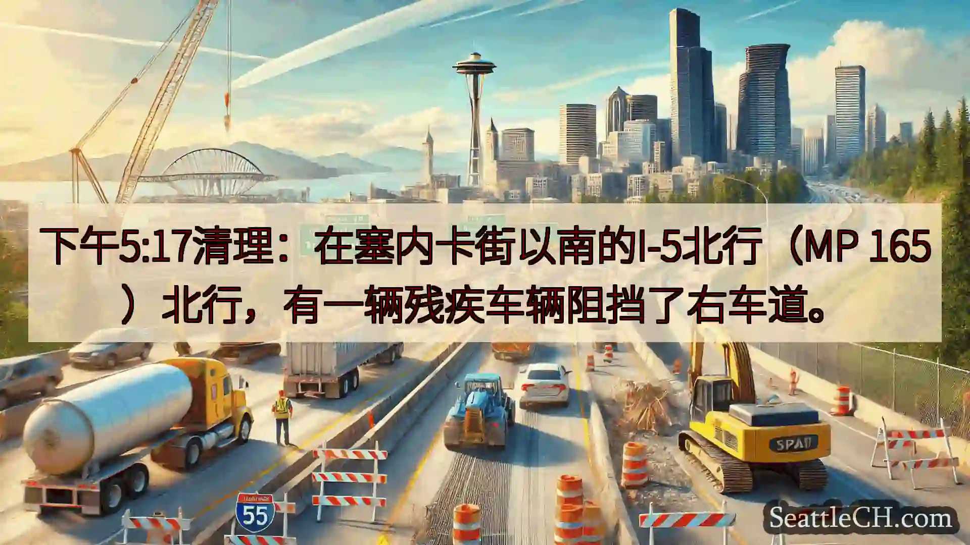 下午5:17清理：在塞内卡街以南的I-5北行（MP 165）北行，有一辆残疾车辆阻挡了右车道。