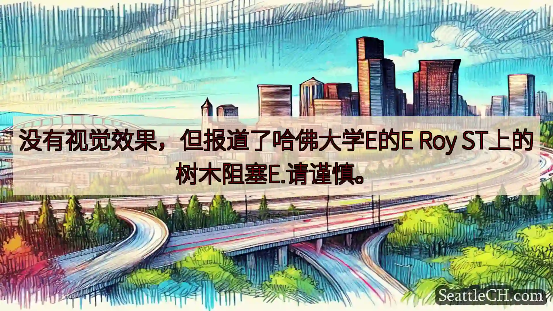 没有视觉效果，但报道了哈佛大学E的E Roy ST上的树木阻塞E.请谨慎。