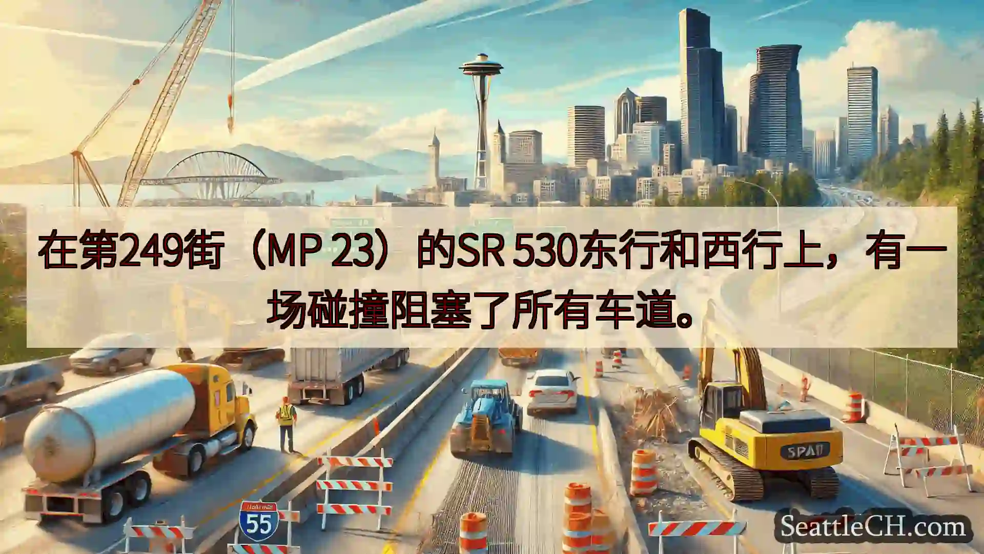 在第249街（MP 23）的SR 530东行和西行上，有一场碰撞阻塞了所有车道。