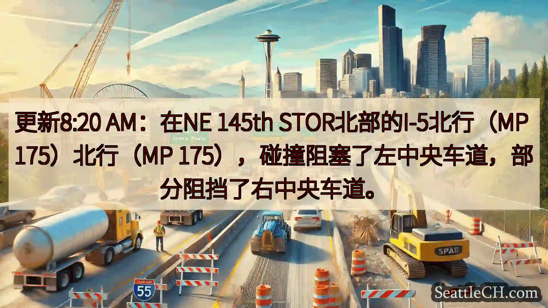 更新8:20 AM：在NE 145th STOR北部的I-5北行（MP 175）北行（MP