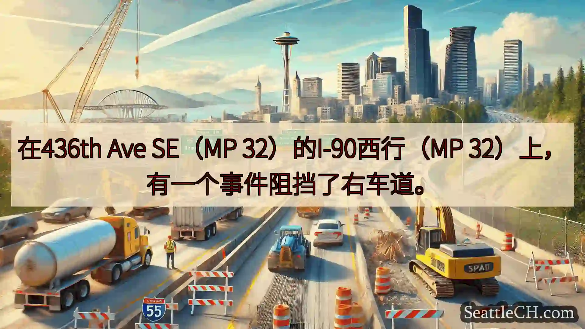 在436th Ave SE（MP 32）的I-90西行（MP 32）上，有一个事件阻挡了右车道。