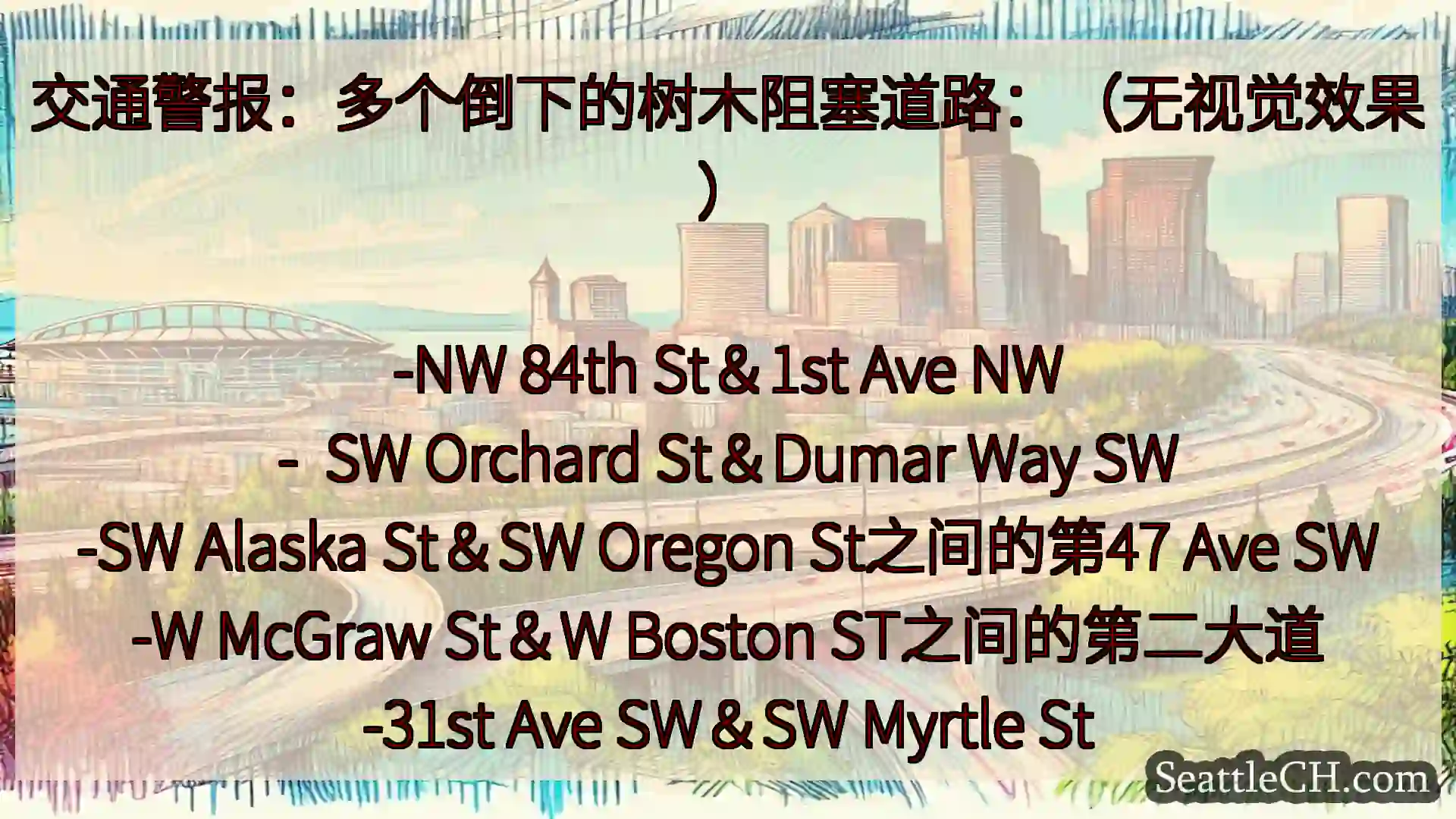 交通警报：多个倒下的树木阻塞道路：（无视觉效果）