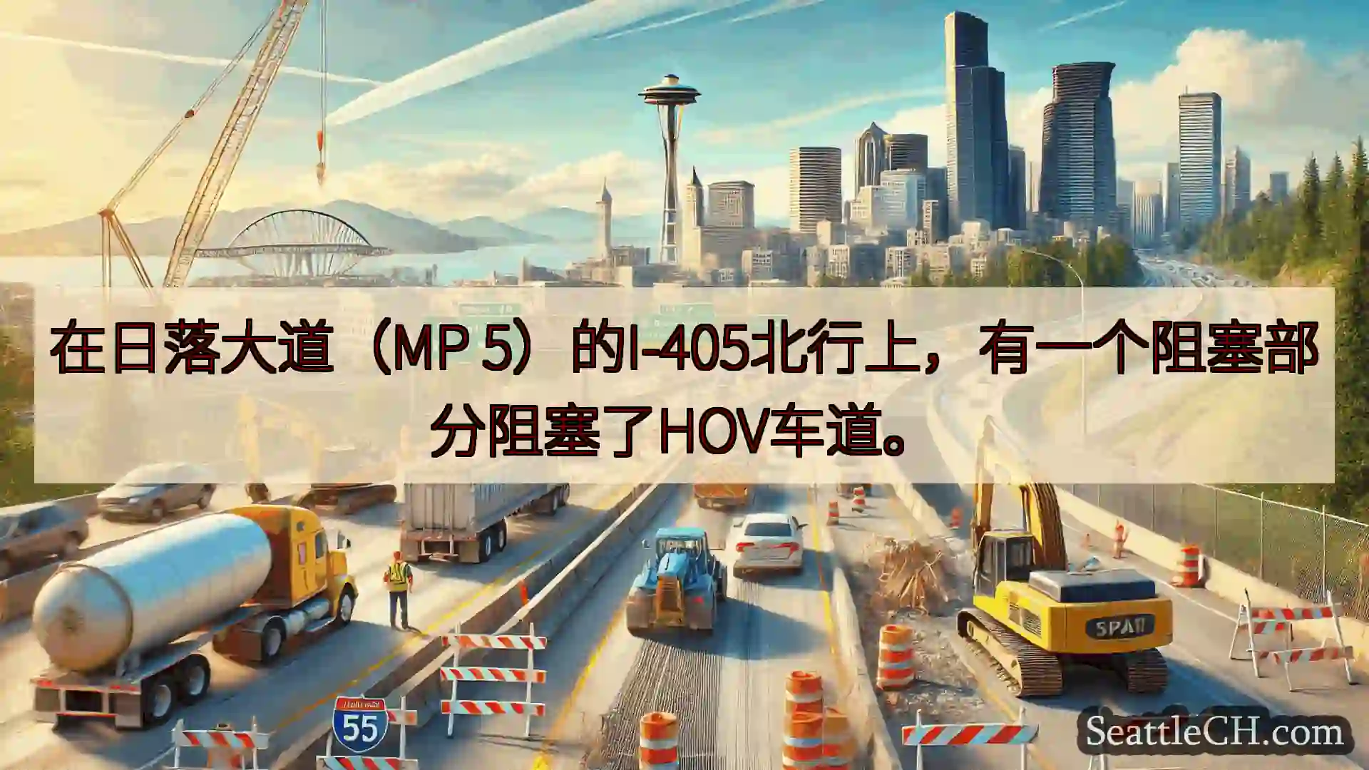 在日落大道（MP 5）的I-405北行上，有一个阻塞部分阻塞了HOV车道。