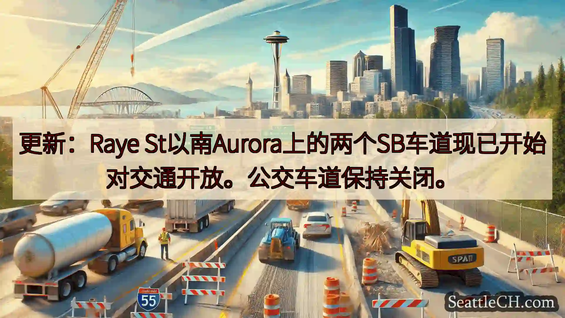更新：Raye St以南Aurora上的两个SB车道现已开始对交通开放。公交车道保持关闭。