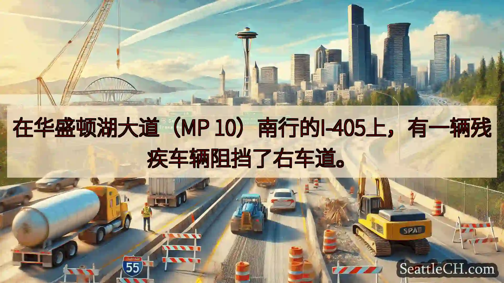 在华盛顿湖大道（MP 10）南行的I-405上，有一辆残疾车辆阻挡了右车道。