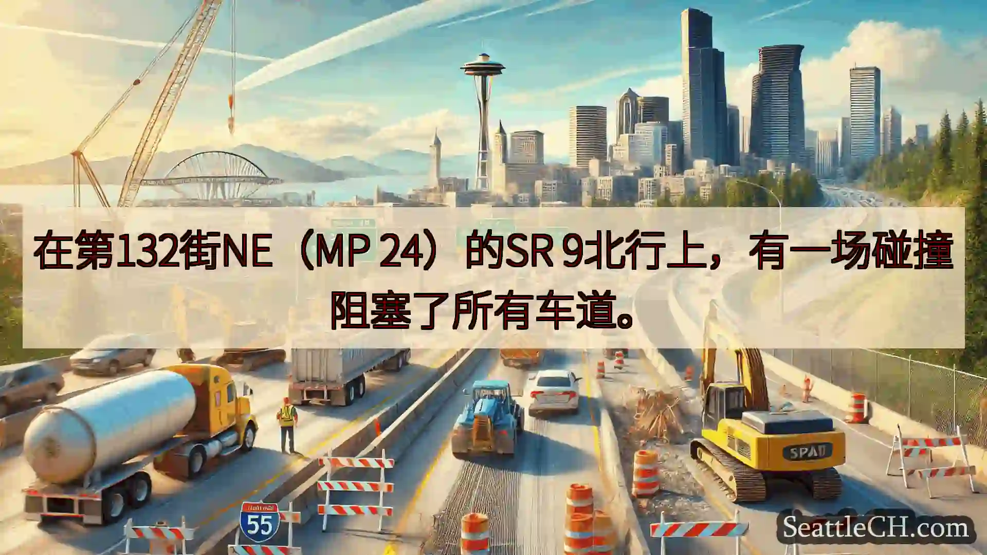 在第132街NE（MP 24）的SR 9北行上，有一场碰撞阻塞了所有车道。