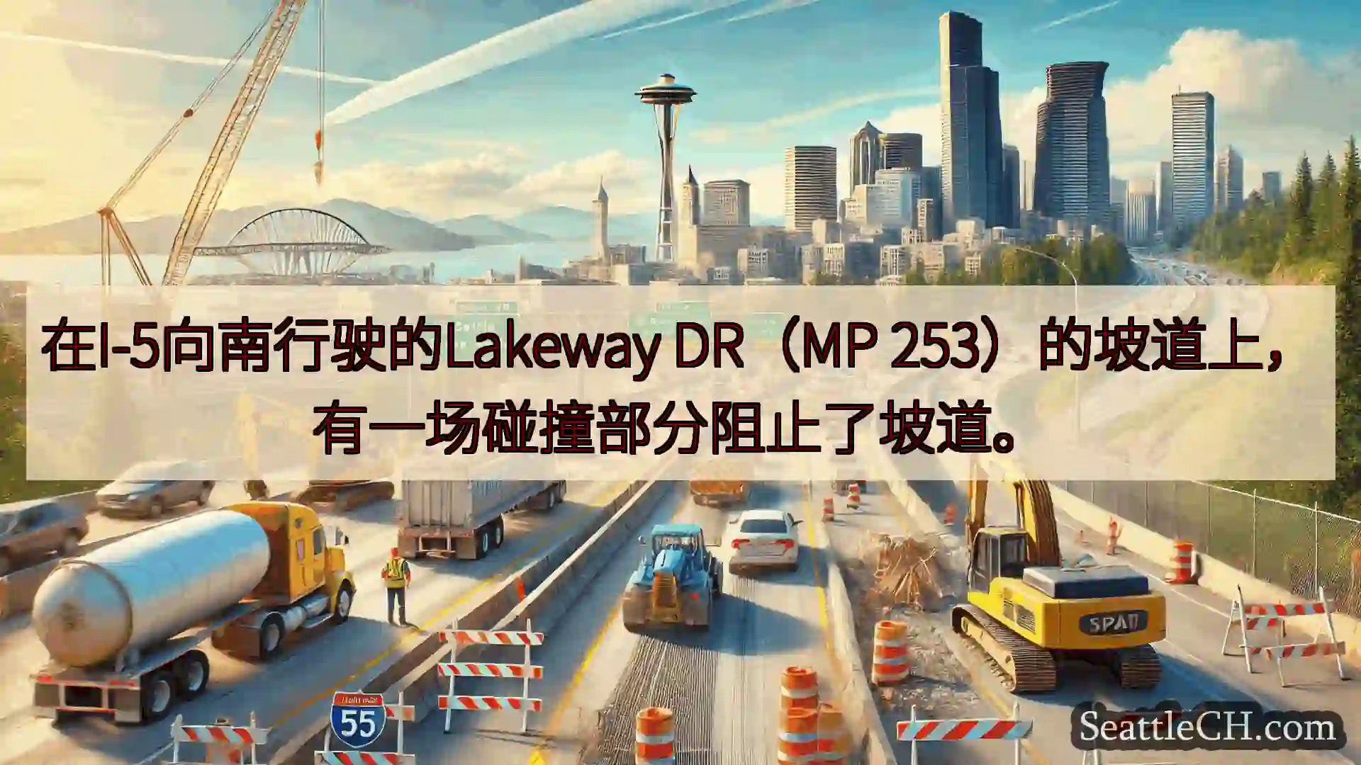 在I-5向南行驶的Lakeway DR（MP 253）的坡道上，有一场碰撞部分阻止了坡道。