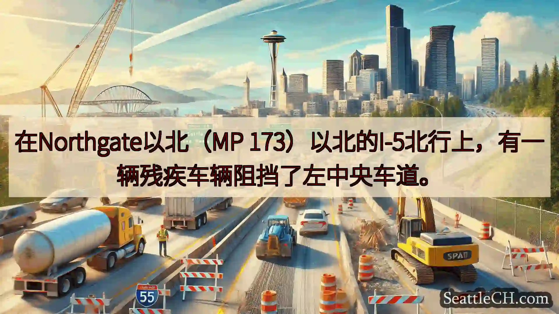 在Northgate以北（MP 173）以北的I-5北行上，有一辆残疾车辆阻挡了左中央车道。