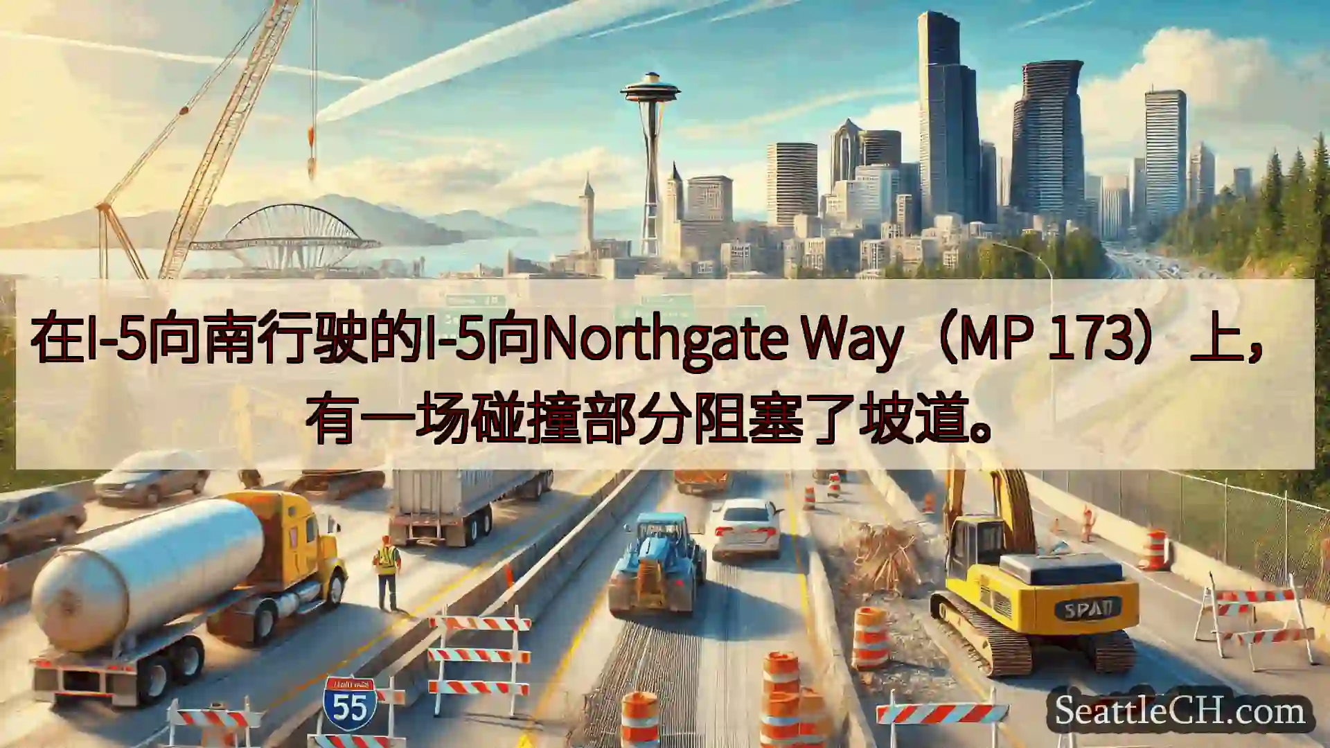 在I-5向南行驶的I-5向Northgate Way（MP 173）上，有一场碰撞部分阻塞了坡道。