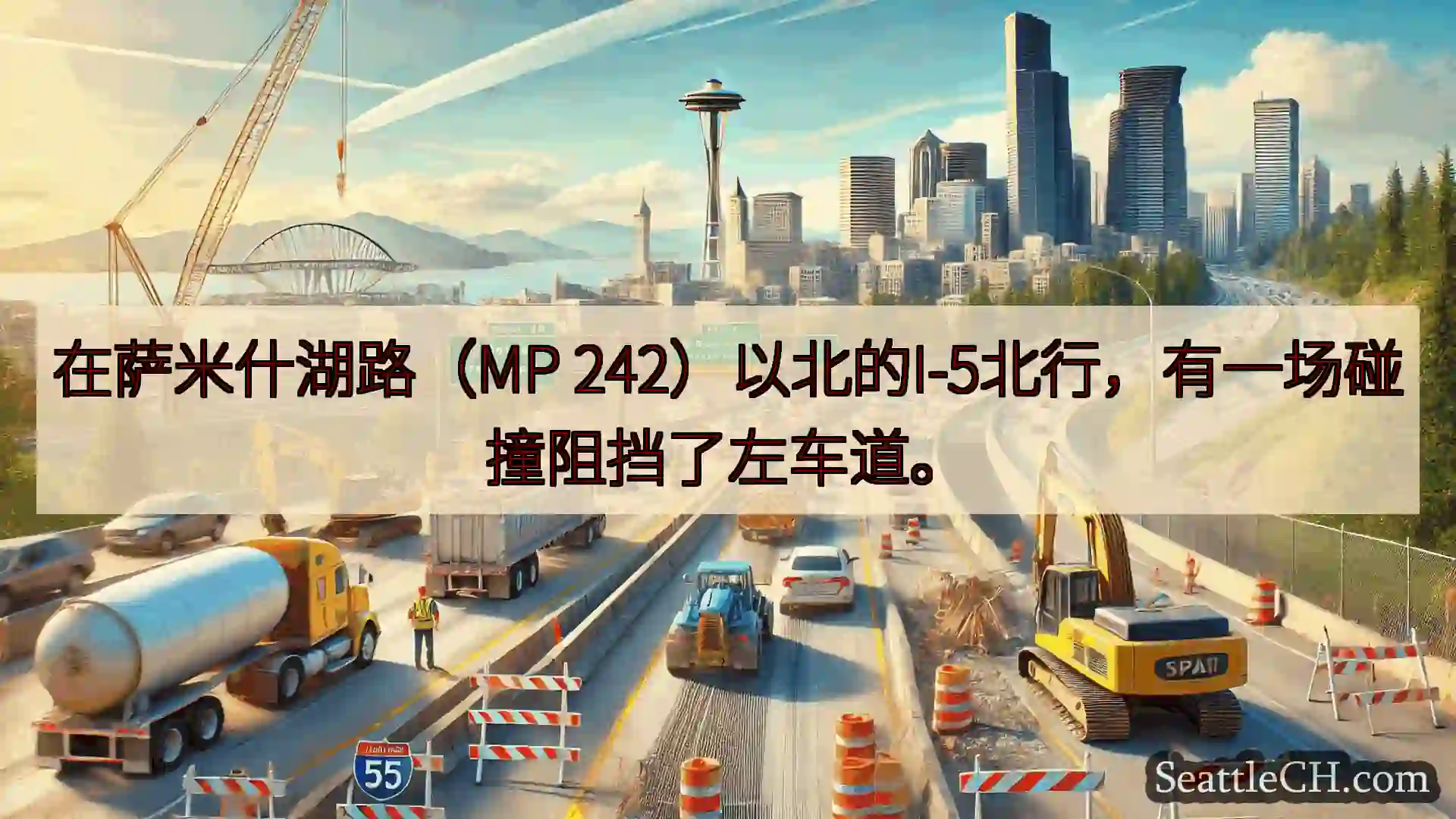 在萨米什湖路（MP 242）以北的I-5北行，有一场碰撞阻挡了左车道。